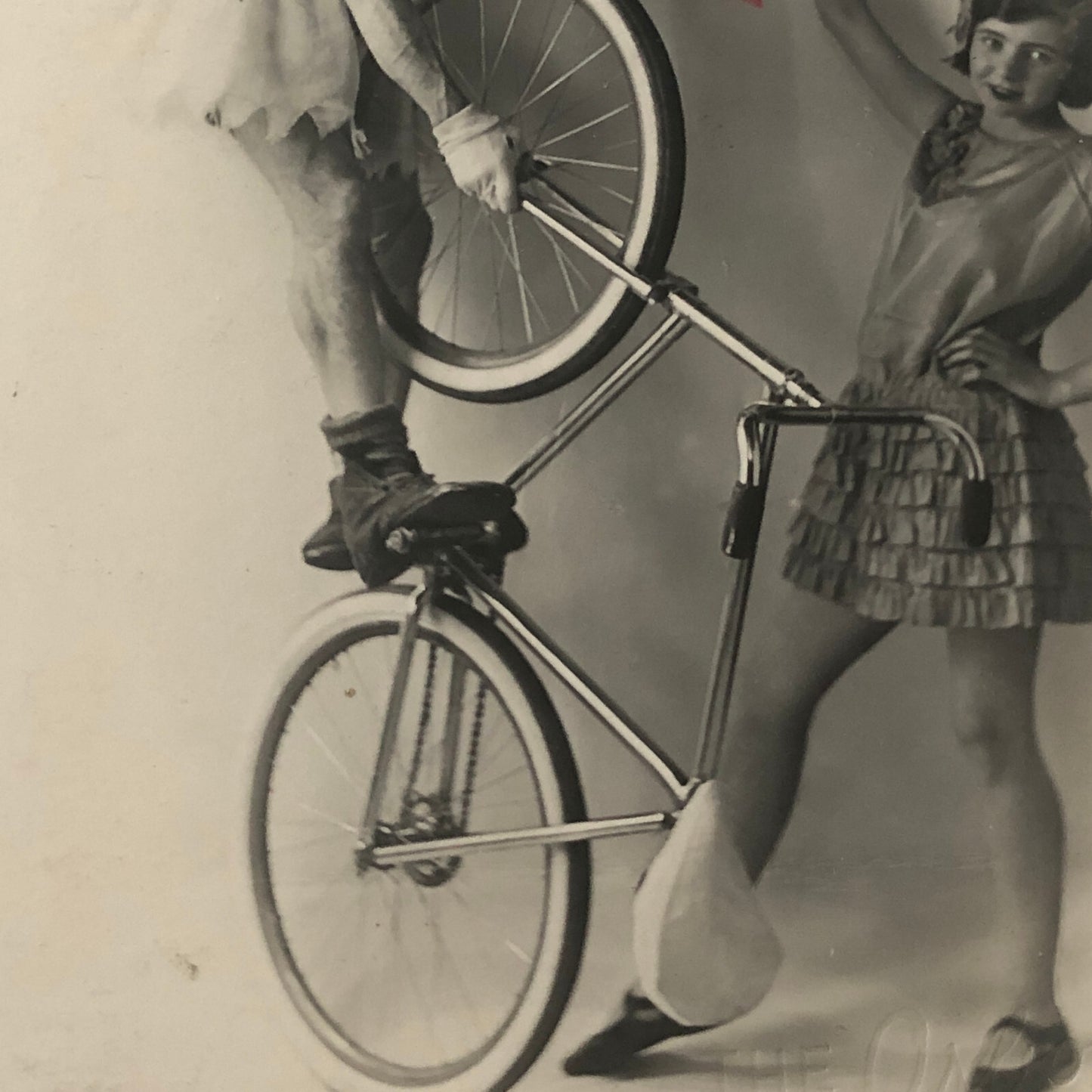 Circus Real Photo Postcard RPPC Acrobats Balancing Bicycle Act Man Woman Clown