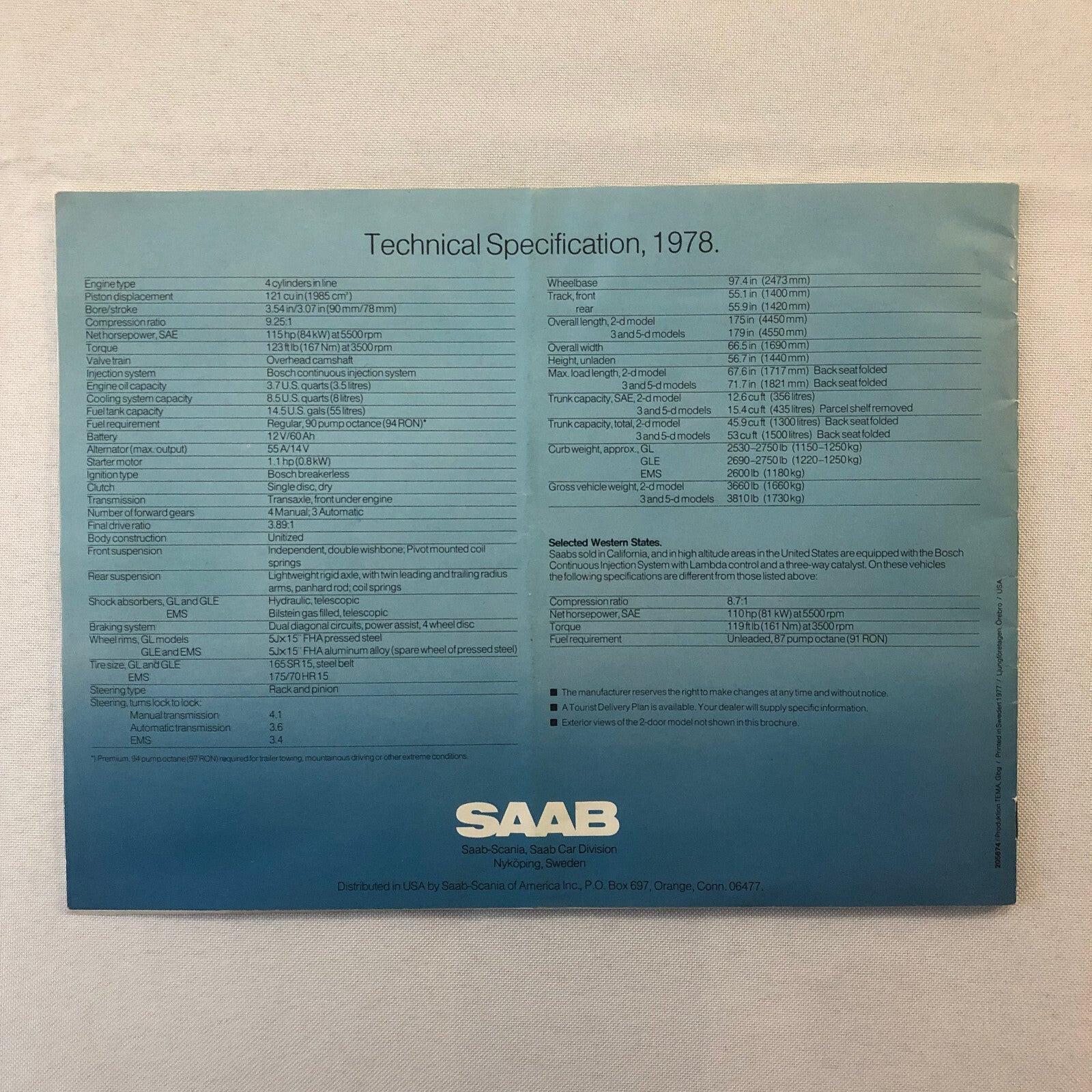1978 Saab Sales Brochure Catalog Advertising 99 GL EMS GLE