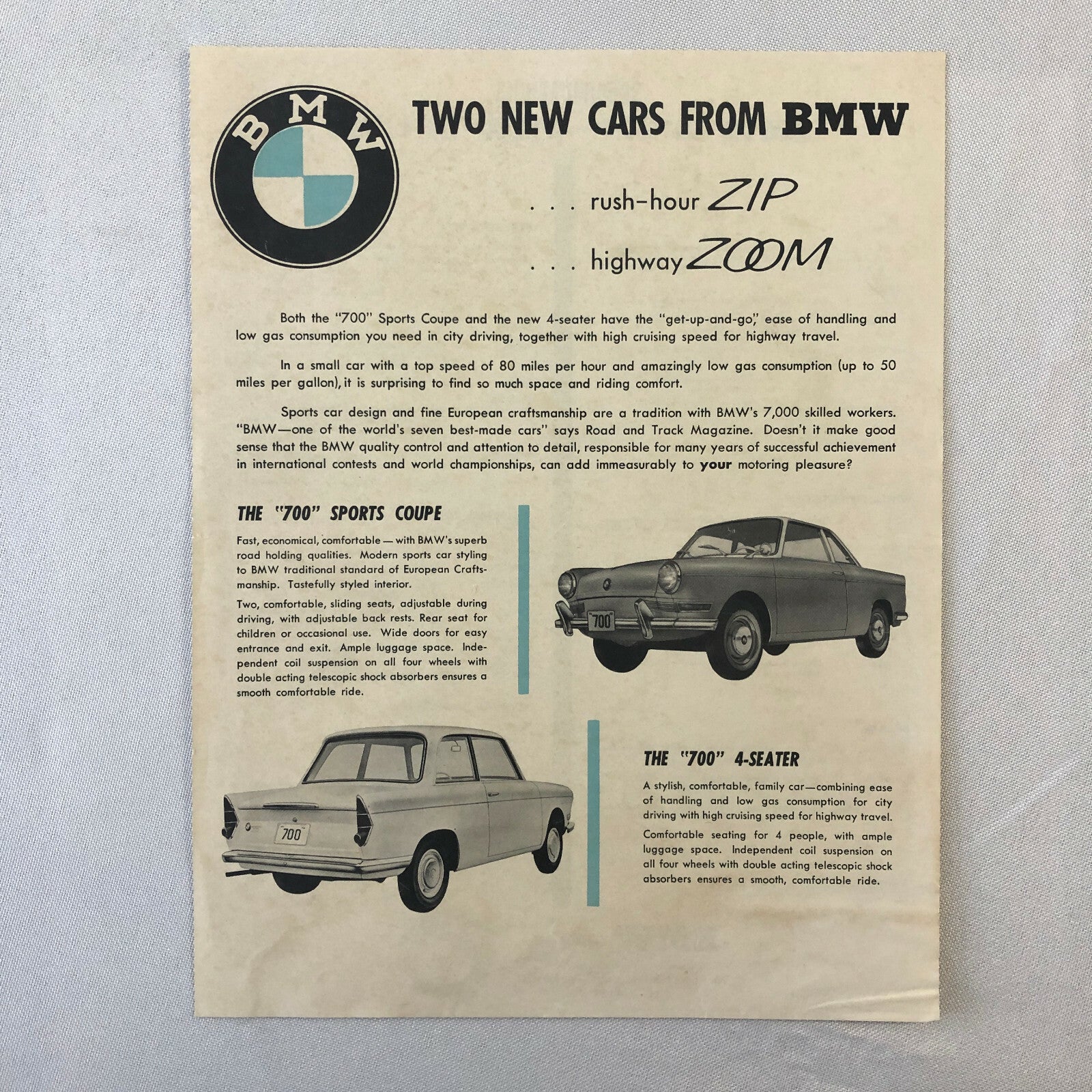 1960 1961 ? BMW 700 Sales Brochure 700 Sport Coupe & 700 4-Seater