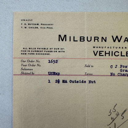 Milburn Wagon Company 1908 Toledo Ohio Invoice Receipt Document Lot 2x Antique