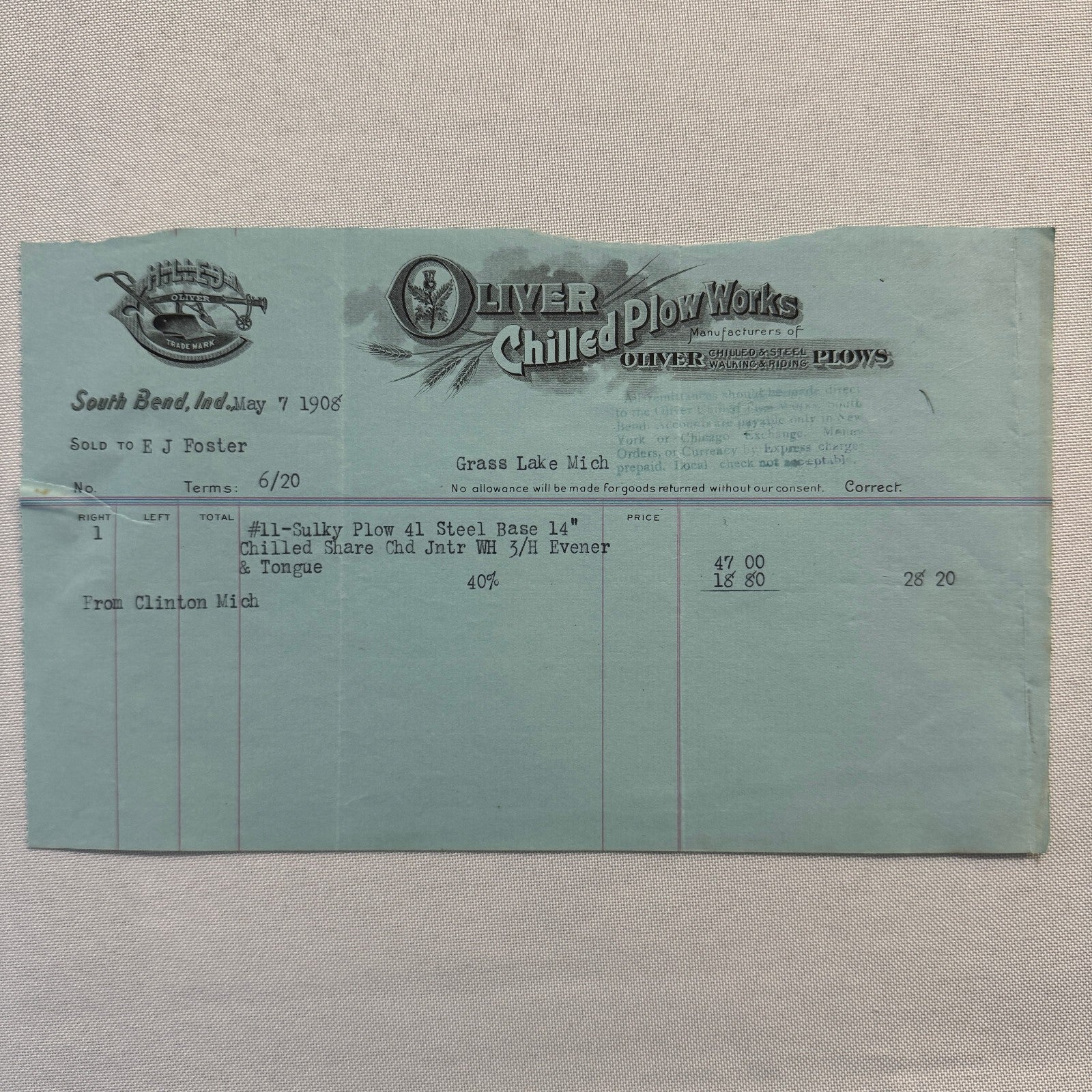 Oliver Chilled Plow Works Indiana Michigan Receipt Letterhead Document Lot 1908