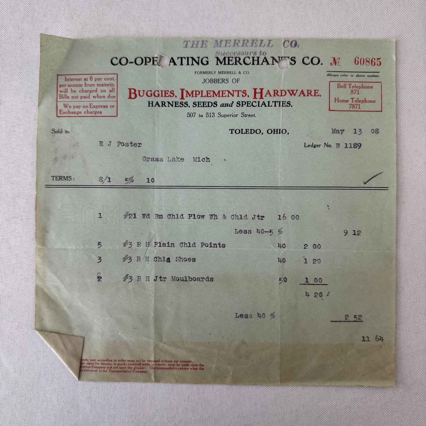 Cooperating Merchants Company Buggies and Hardware 1908 Receipt Invoice Lot 6x