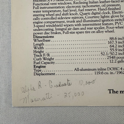 1985 Alfa Romeo Spider Veloce and GTV-6 2.5 Coupe Sales Sheet Brochure GTV 6