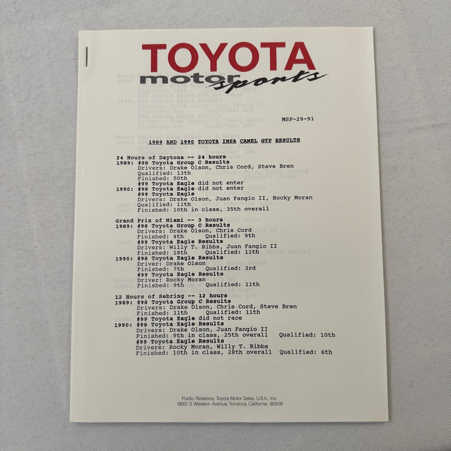 1991 Toyota Motorsport Racing Press Kit Dan Gurney Willy T Ribbs Fangio II
