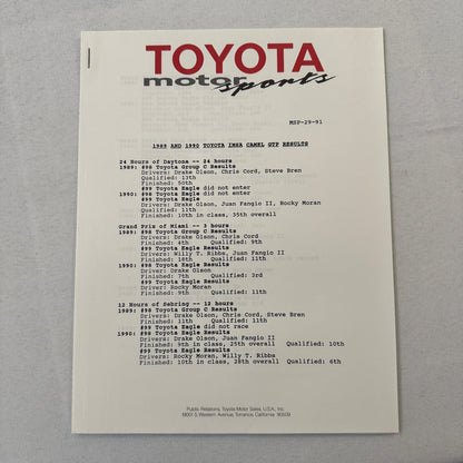 1991 Toyota Motorsport Racing Press Kit Dan Gurney Willy T Ribbs Fangio II