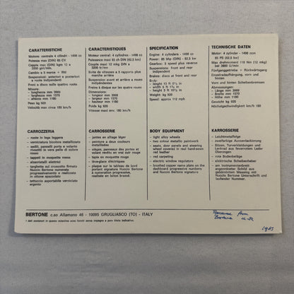 Bertone Fiat X1/9 Car Sales Sheet Brochure Advertising Fiat X19