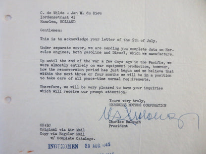 1945 Hercules Motors Corporation Letter Letterhead Gas & Diesel Engine 
