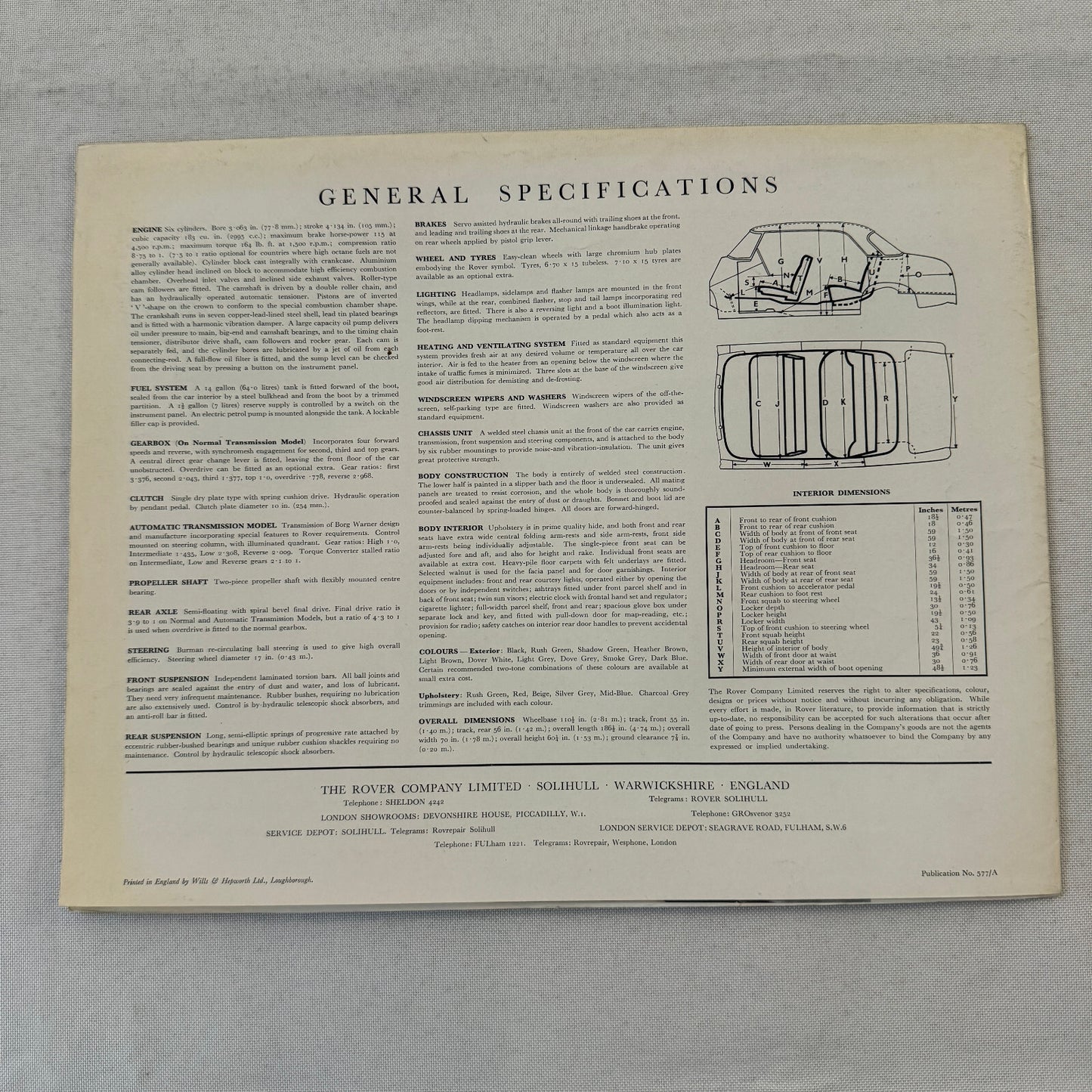 Rover 3 Litre Saloon Car Sales Brochure Catalog Vintage Advertising