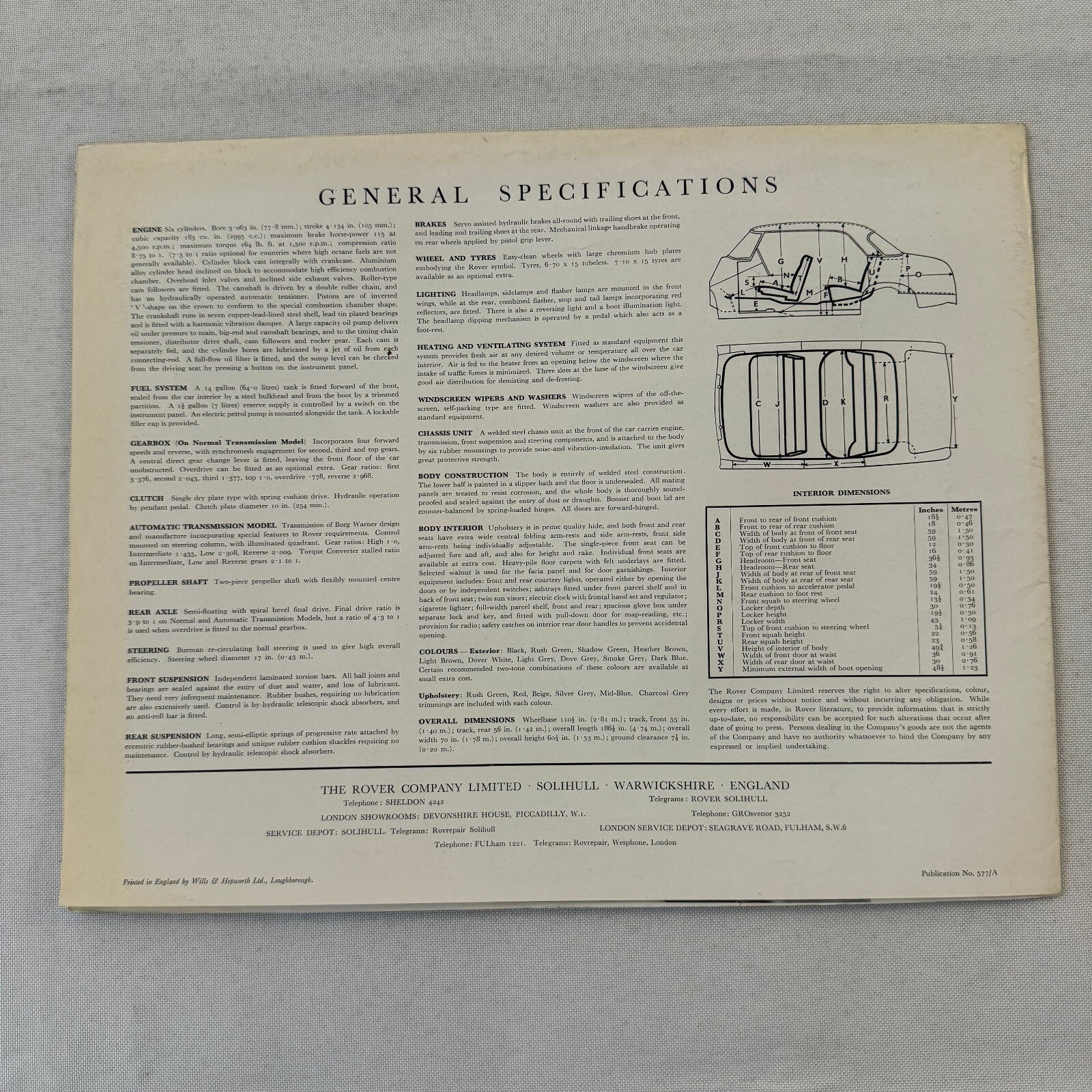 Rover 3 Litre Saloon Car Sales Brochure Catalog Vintage Advertising