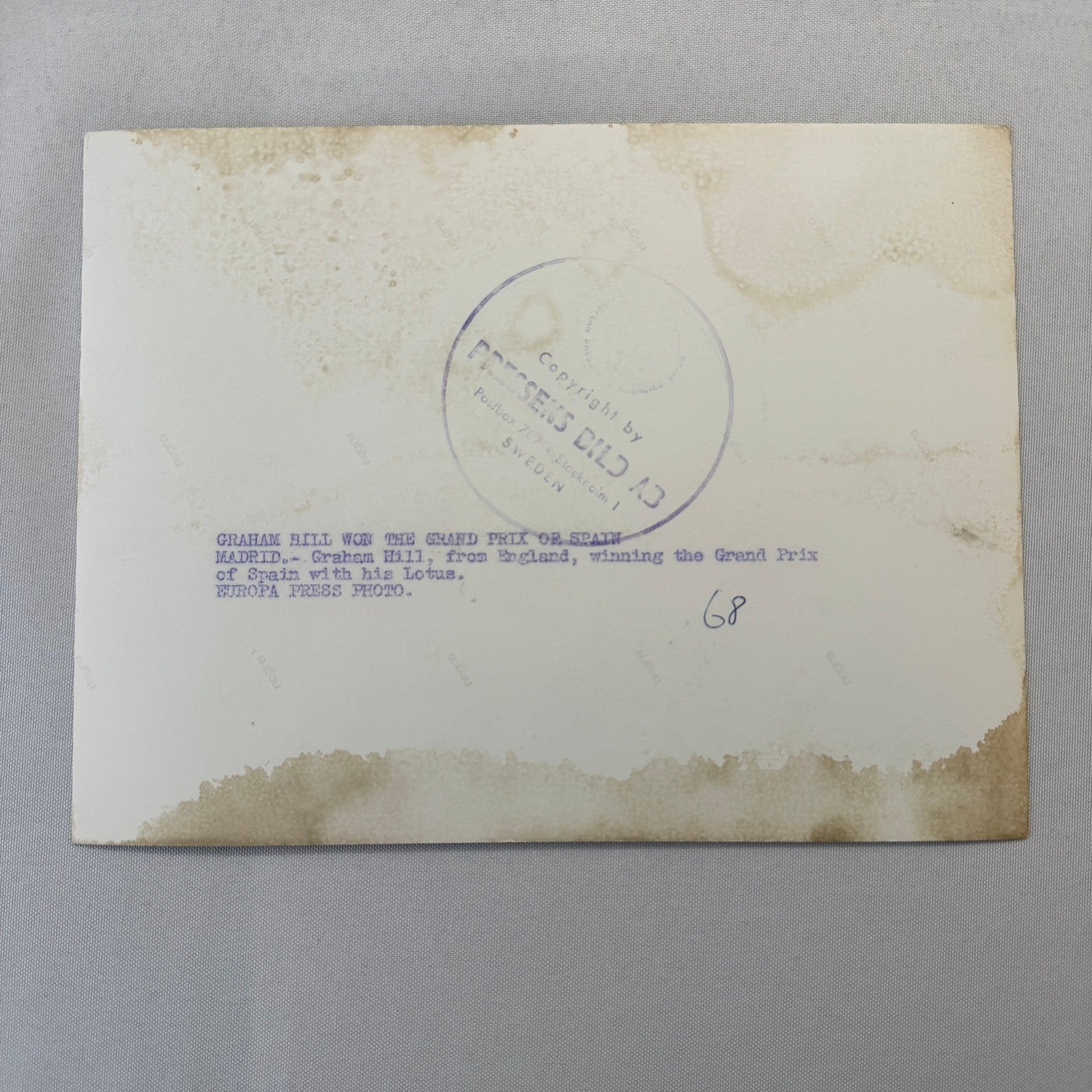 Vintage 1968 Racing Photo Graham Hill Spanish Grand Prix Win Press Photograph