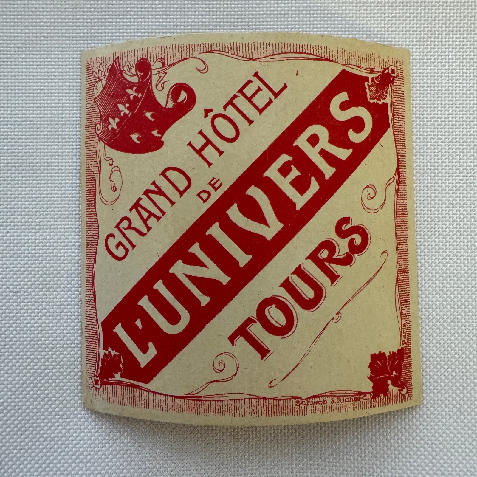 Vintage Travel Luggage Label Grand Hotel de L'Univers Tours French