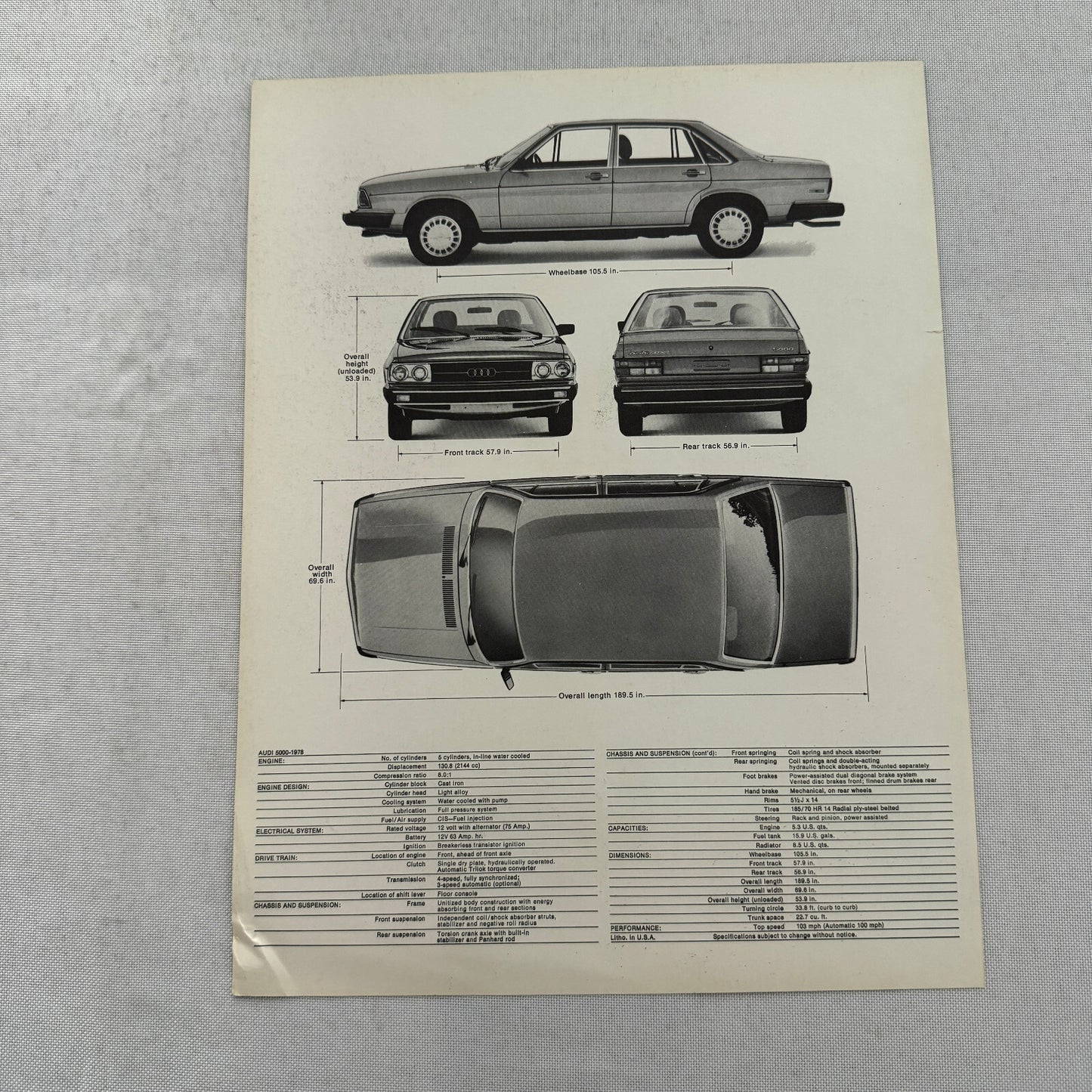 1978 Audi 5000 Car Sales Sheet Brochure Brochure Vintage
