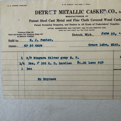 Detroit Metallic Casket Company 1908 Invoice Receipt Document Lot 3x Funeral