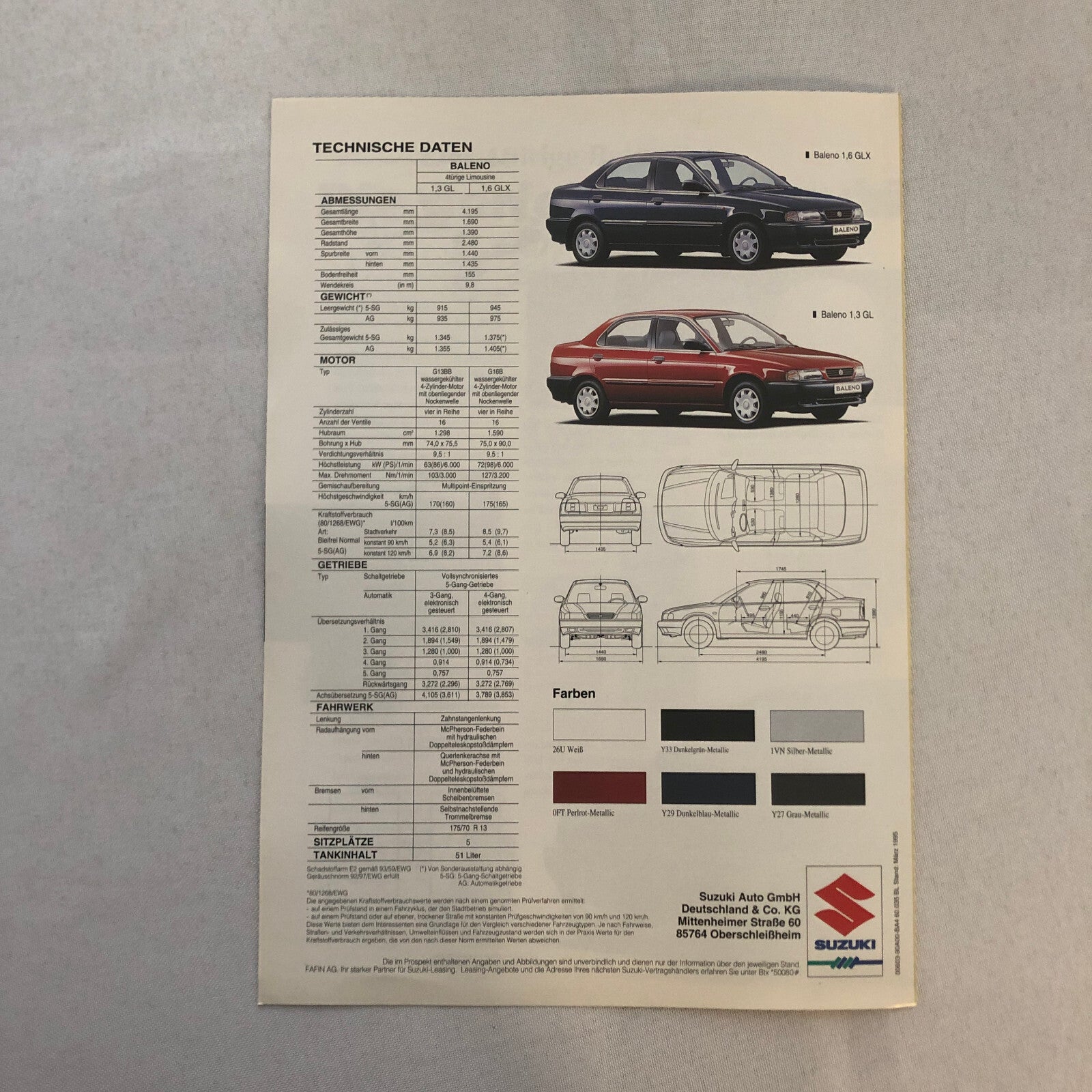 Suzuki Baleno Sedan Car Sales Brochure Catalog 1.6 GLX 1.3 GL GERMAN TEXT
