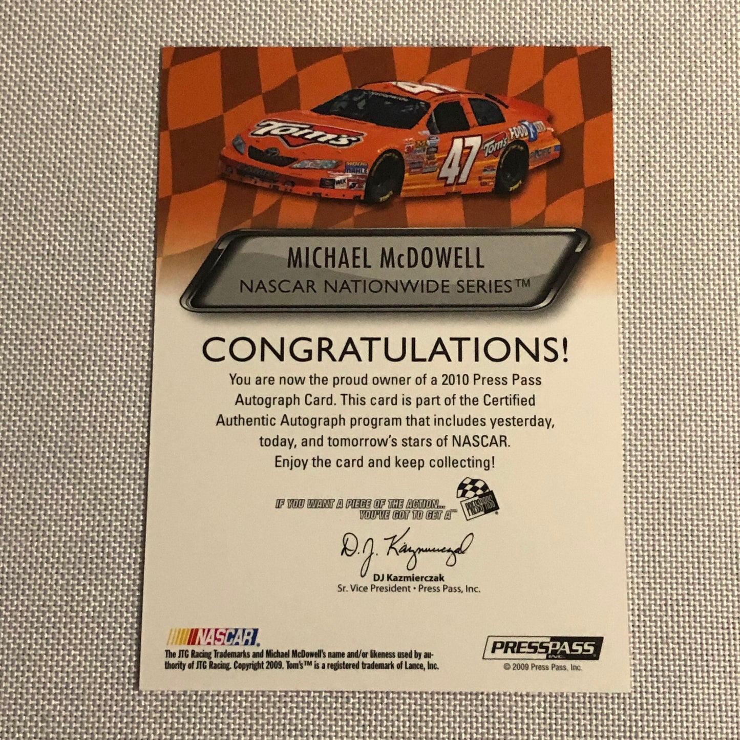 2010 Press Pass Authentics Michael McDowell Auto Autograph Signed Card NASCAR