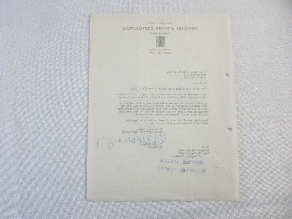 1945 Hercules Motors Corporation Letter Letterhead Gas & Diesel Engine 