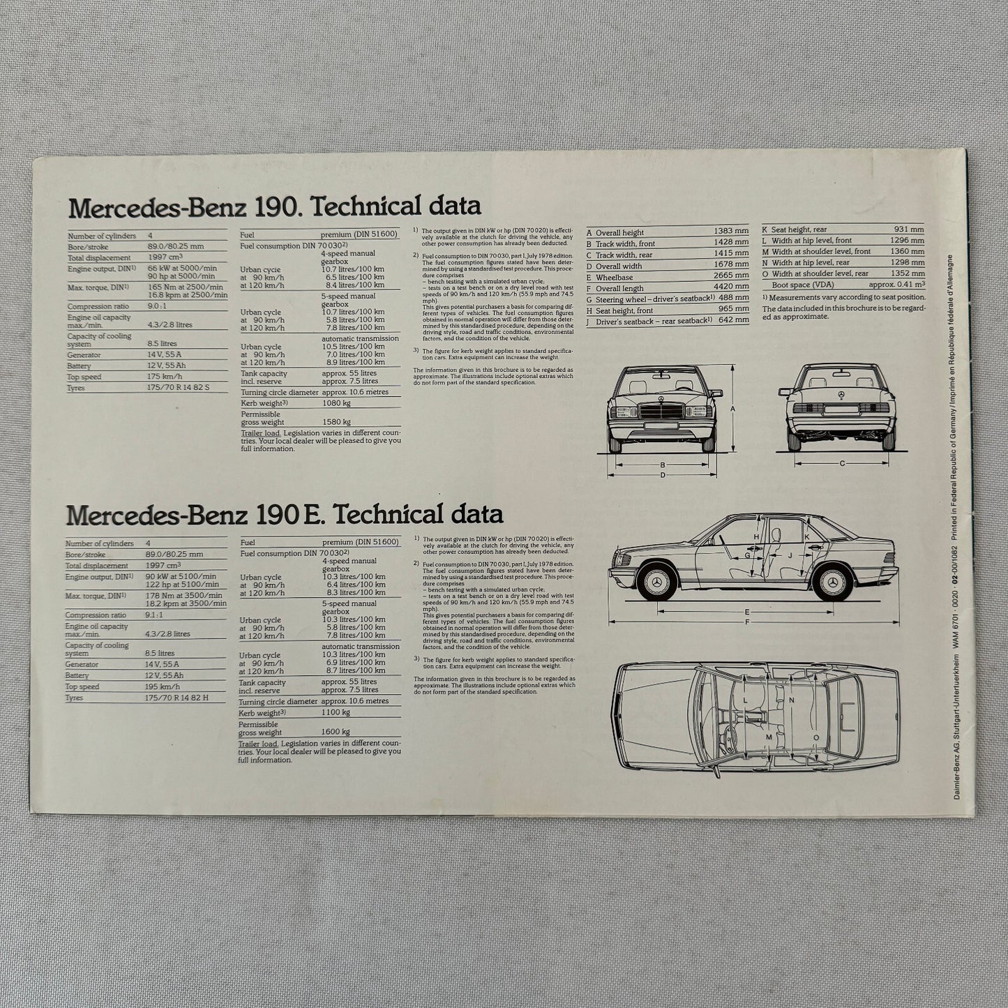 Mercedes Benz 190 and 190E Car Sales Brochure Catalog Advertising 190 E