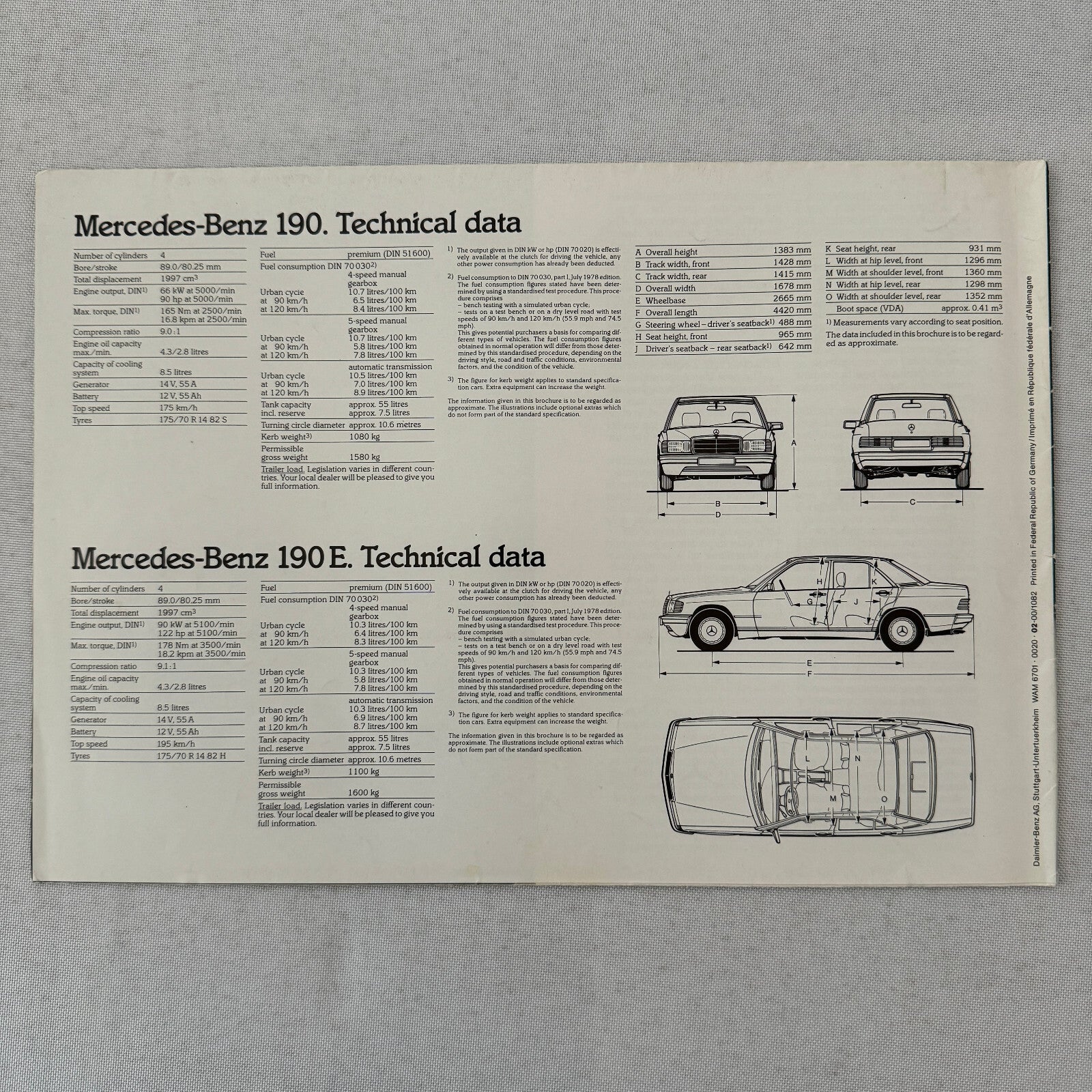 Mercedes Benz 190 and 190E Car Sales Brochure Catalog Advertising 190 E