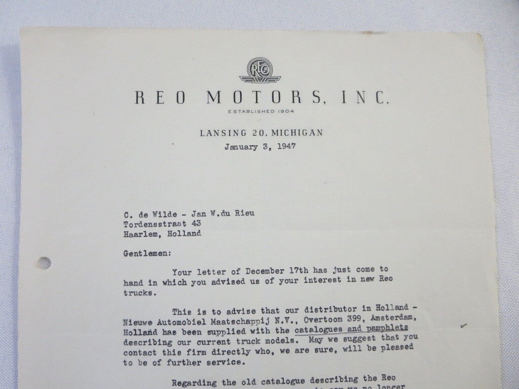 1947 REO Motors Inc Correspondence Letter Letterhead REO Truck 