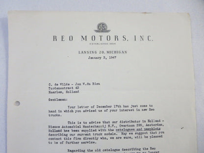 1947 REO Motors Inc Correspondence Letter Letterhead REO Truck 