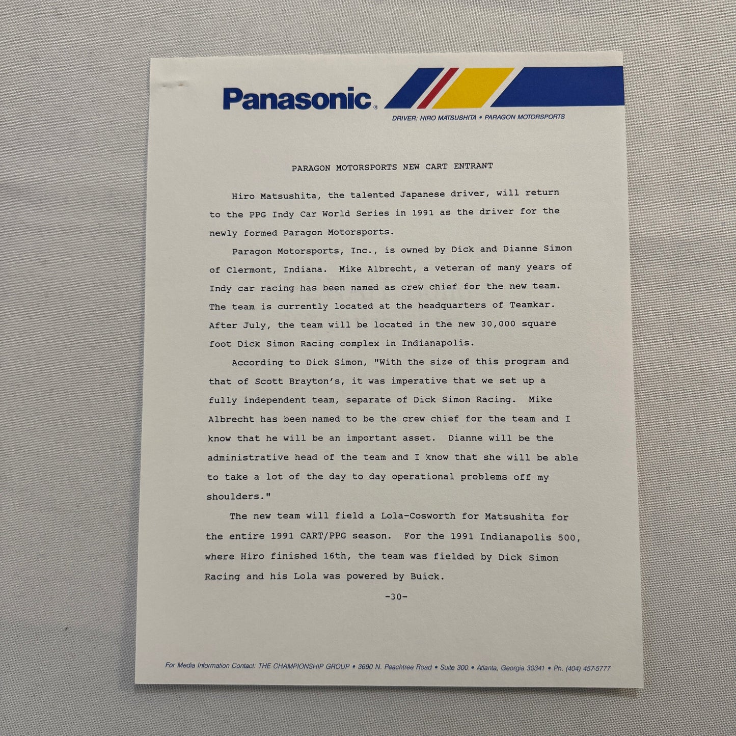 Hiro Matsushita CART Indy Car Racing Driver Press Kit Panasonic Team 1991