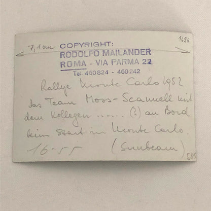 Vintage Racing Photo Photograph 1952 Rallye Monte Carlo Rally Stirling Moss +