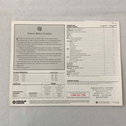 1996 Chrysler Sebring Convertible Sales Sheet Brochure