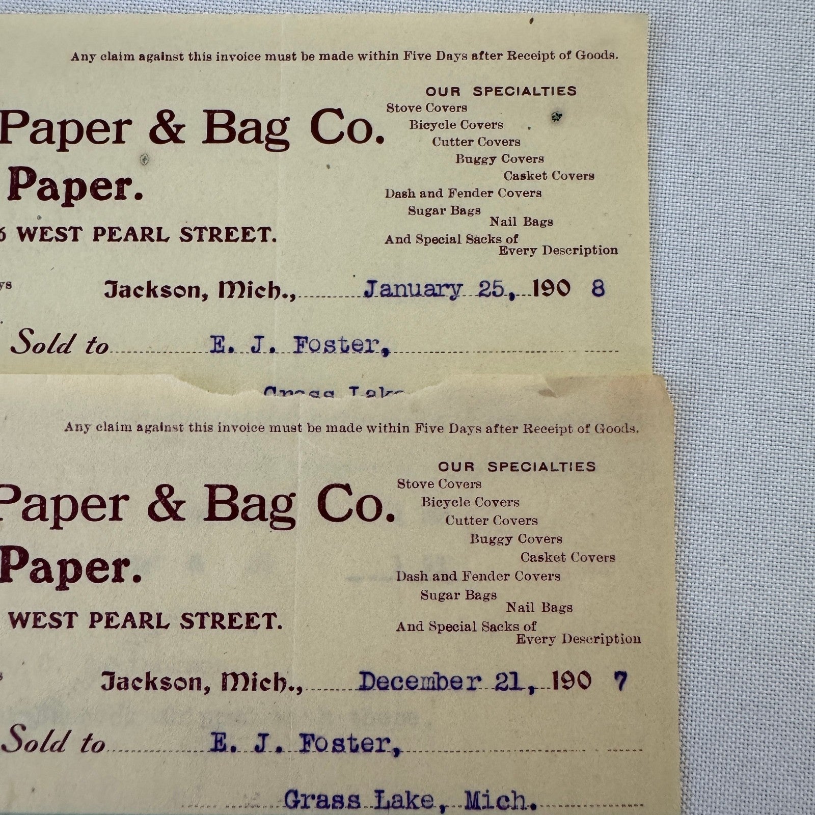 Crown Paper & Bag Company Jackson Michigan 1908 Receipt Invoice Document Lot 5x