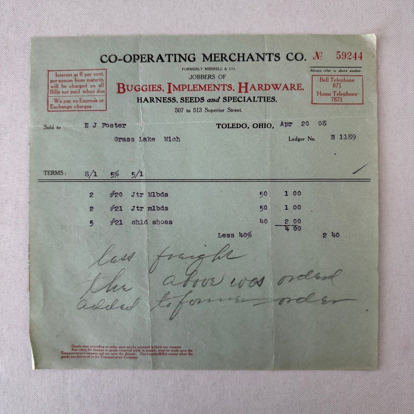 Cooperating Merchants Company Buggies and Hardware 1908 Receipt Invoice Lot 6x