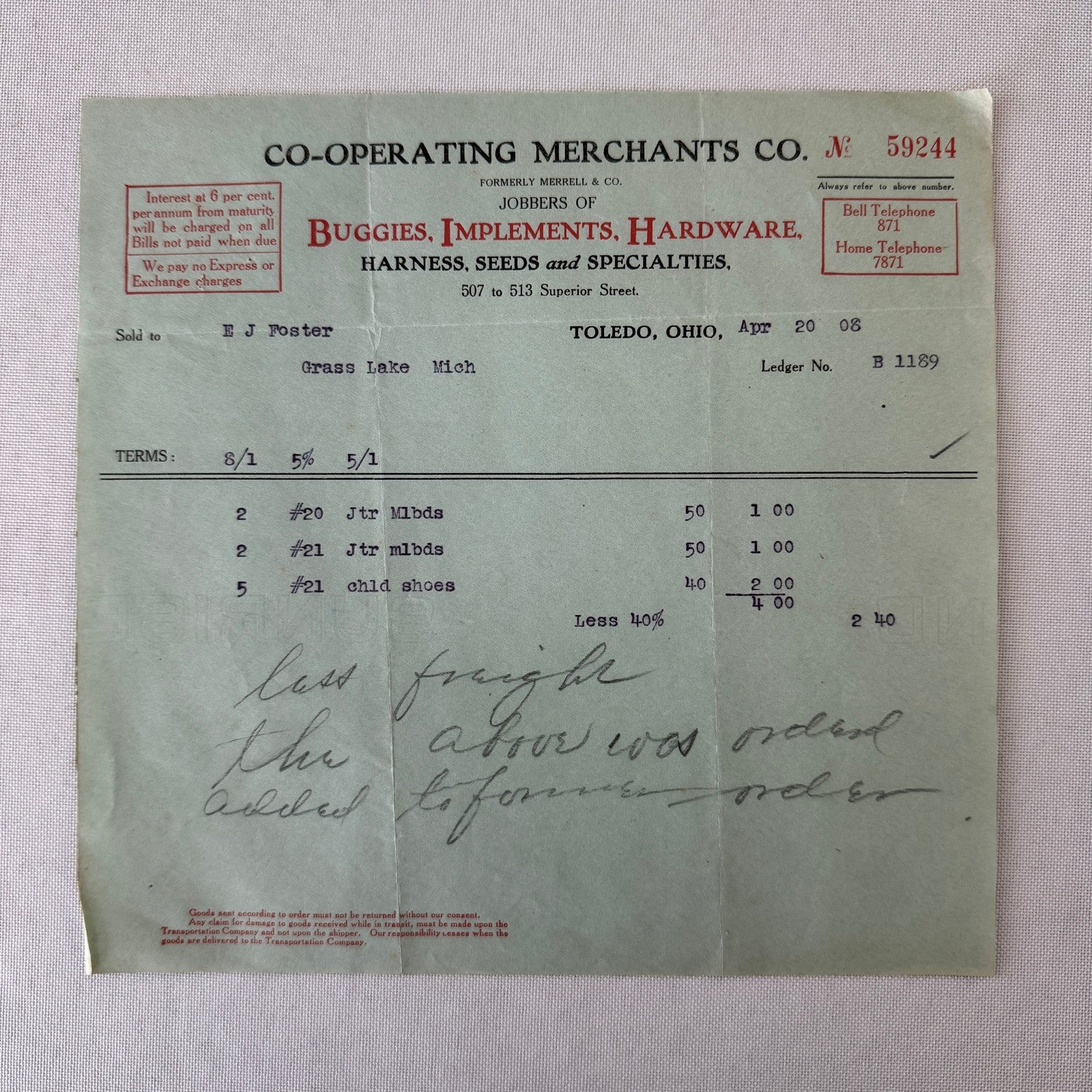 Cooperating Merchants Company Buggies and Hardware 1908 Receipt Invoice Lot 6x