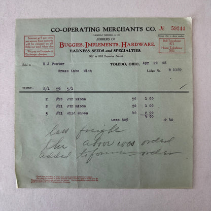 Cooperating Merchants Company Buggies and Hardware 1908 Receipt Invoice Lot 6x