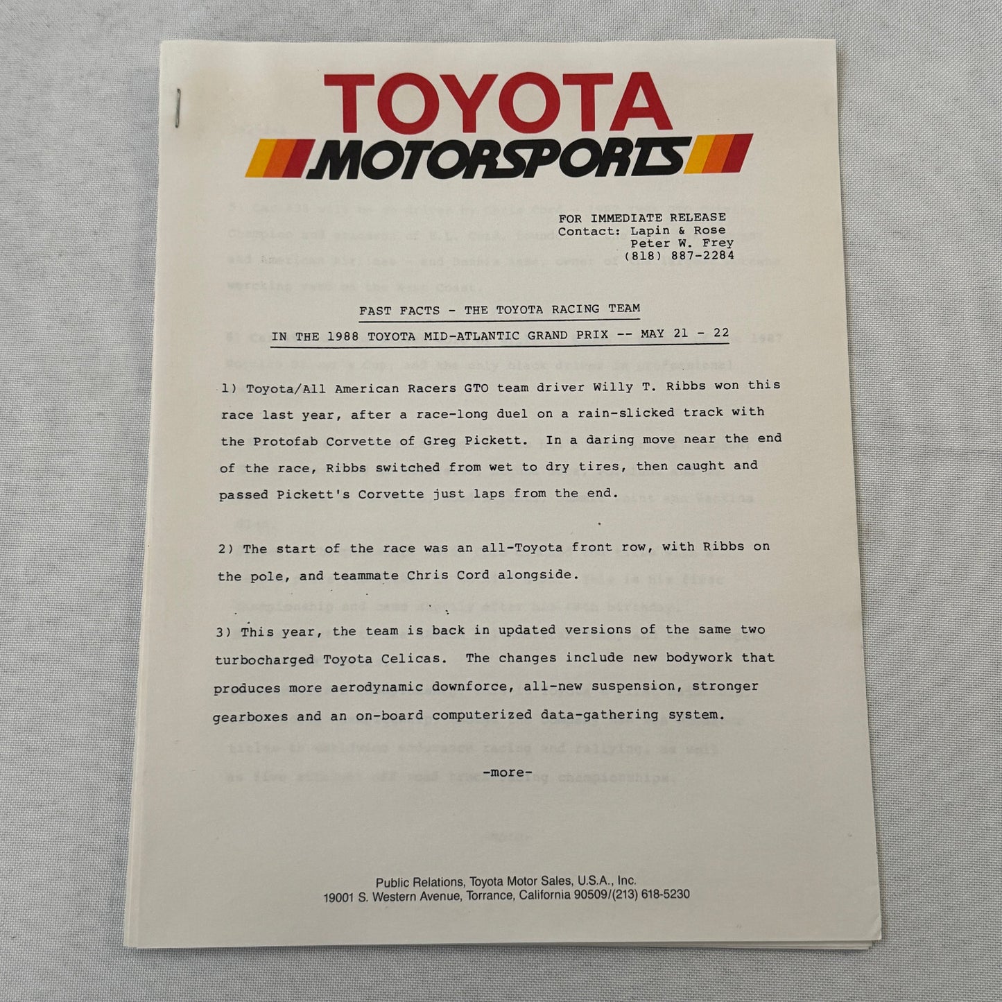1988 Toyota Celica IMSA Racing Press Kit Photos Willy T Ribbs Chris Cord