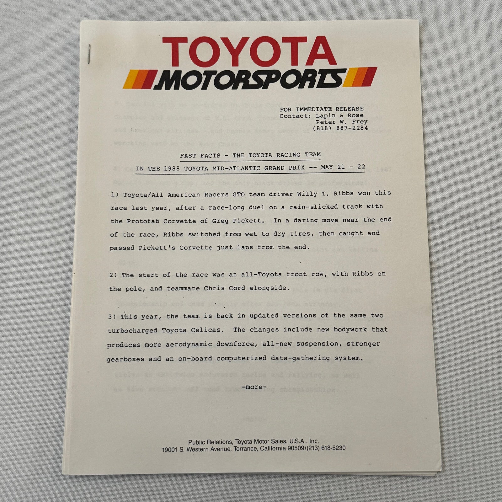 1988 Toyota Celica IMSA Racing Press Kit Photos Willy T Ribbs Chris Cord