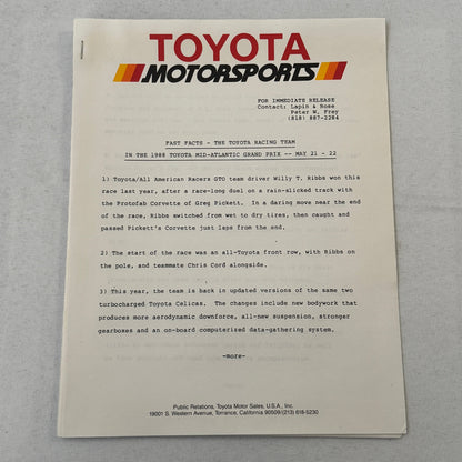 1988 Toyota Celica IMSA Racing Press Kit Photos Willy T Ribbs Chris Cord