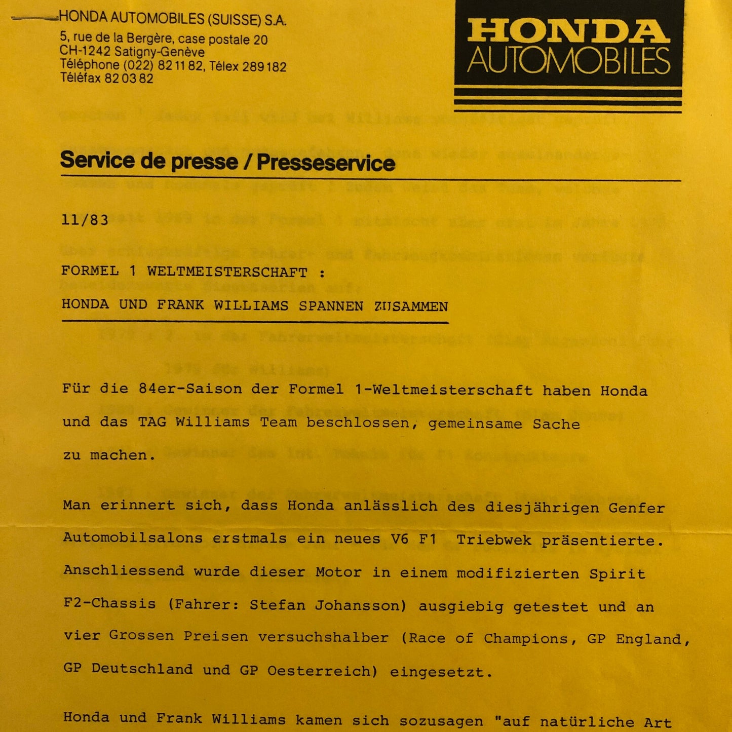 1983 Honda Racing Car Press Kit Frank Williams Keke Rosberg + GERMAN Text 