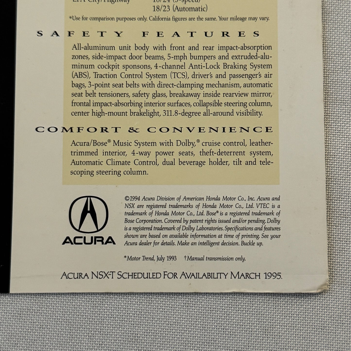 Acura NSX-T Car Sales Sheet Brochure Catalog Advertising Acura NSX T NSXT