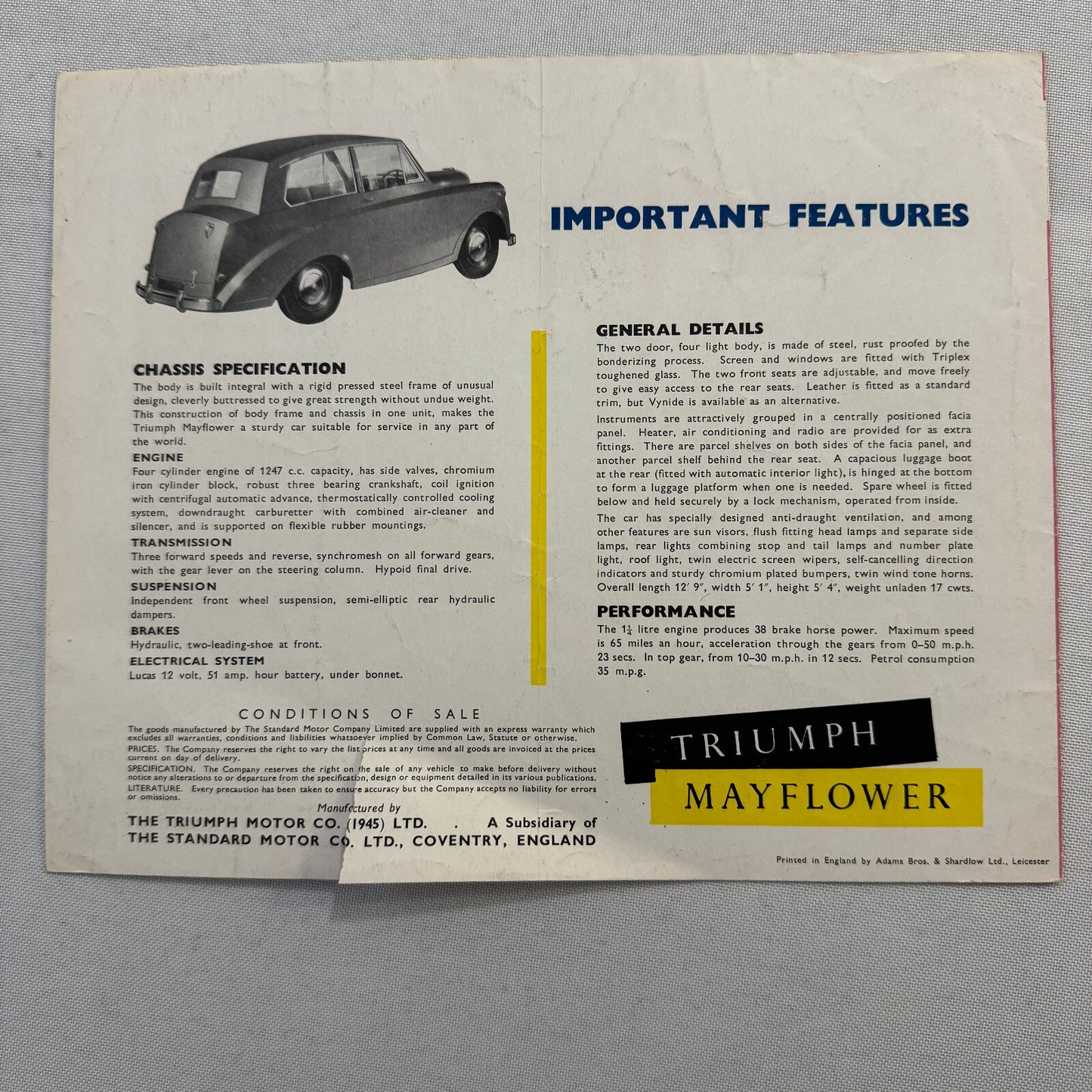 Triumph Mayflower Car Sales Brochure Catalog Advertising Vintage