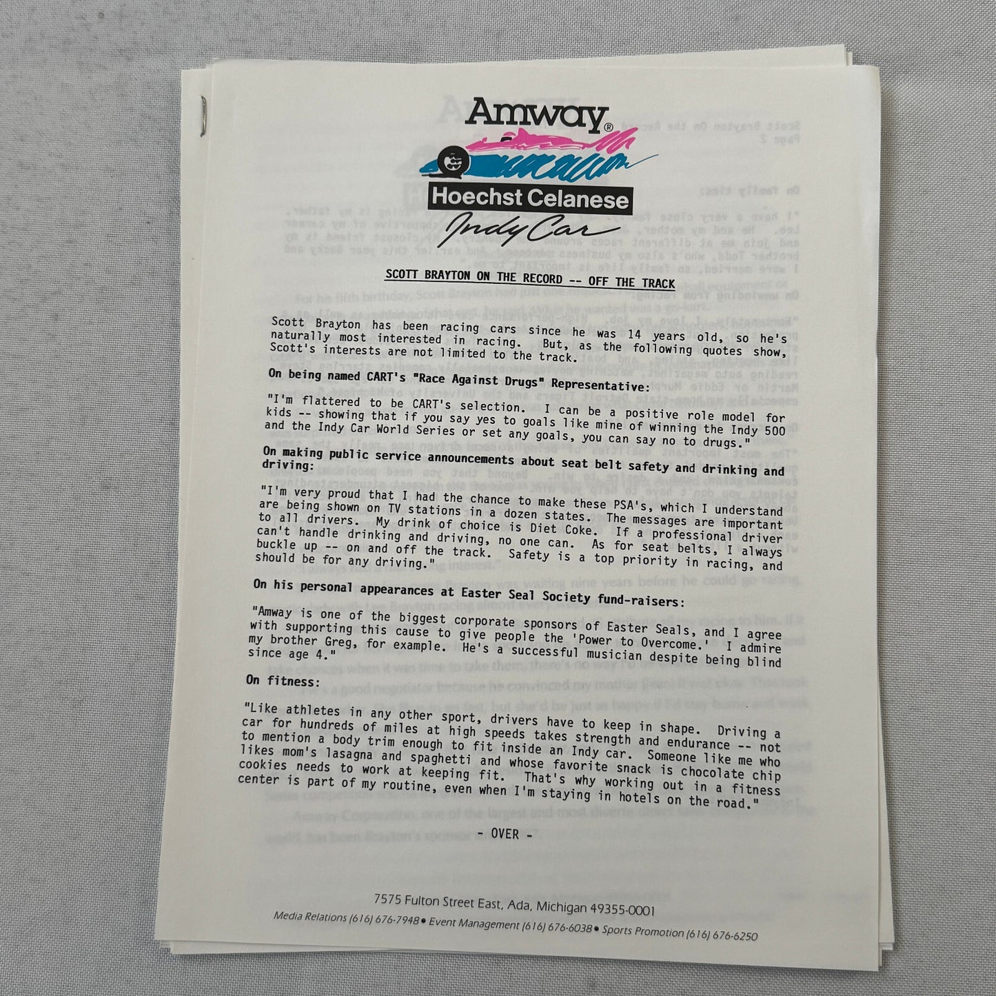 1991 Amway Indy Car Racing Press Kit Brochure Vintage Scott Brayton Driver