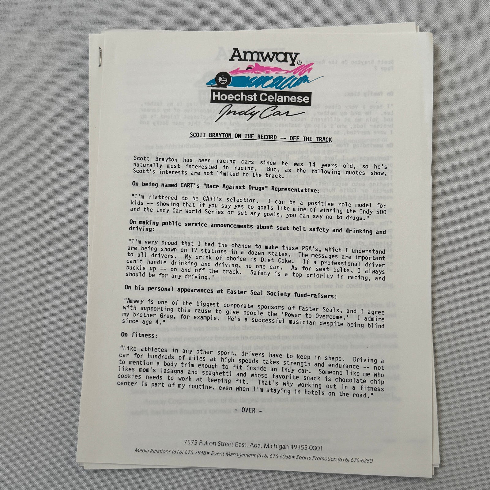 1991 Amway Indy Car Racing Press Kit Brochure Vintage Scott Brayton Driver