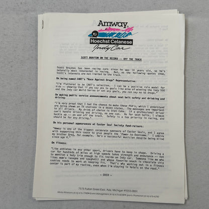 1991 Amway Indy Car Racing Press Kit Brochure Vintage Scott Brayton Driver