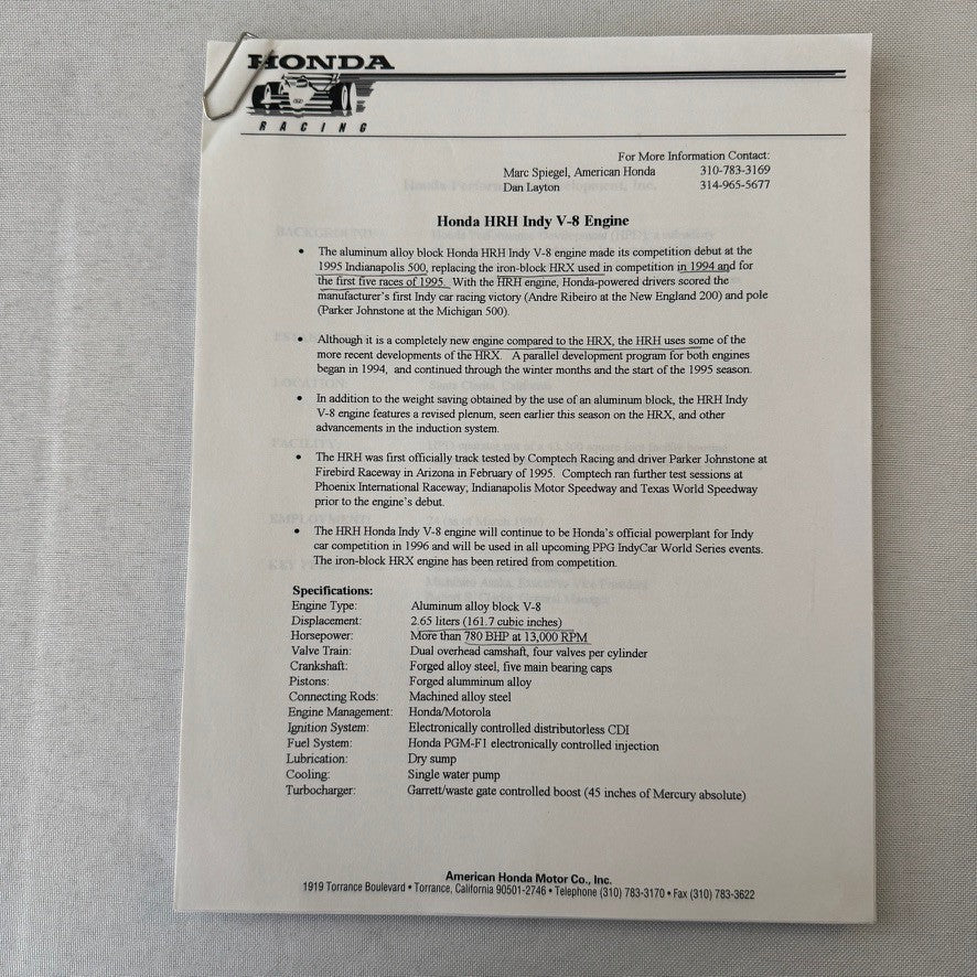 1996 Honda Indy Racing Press Kit Brochure Andre Ribeiro