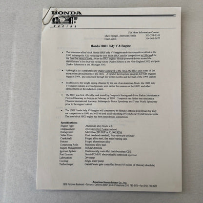 1996 Honda Indy Racing Press Kit Brochure Andre Ribeiro