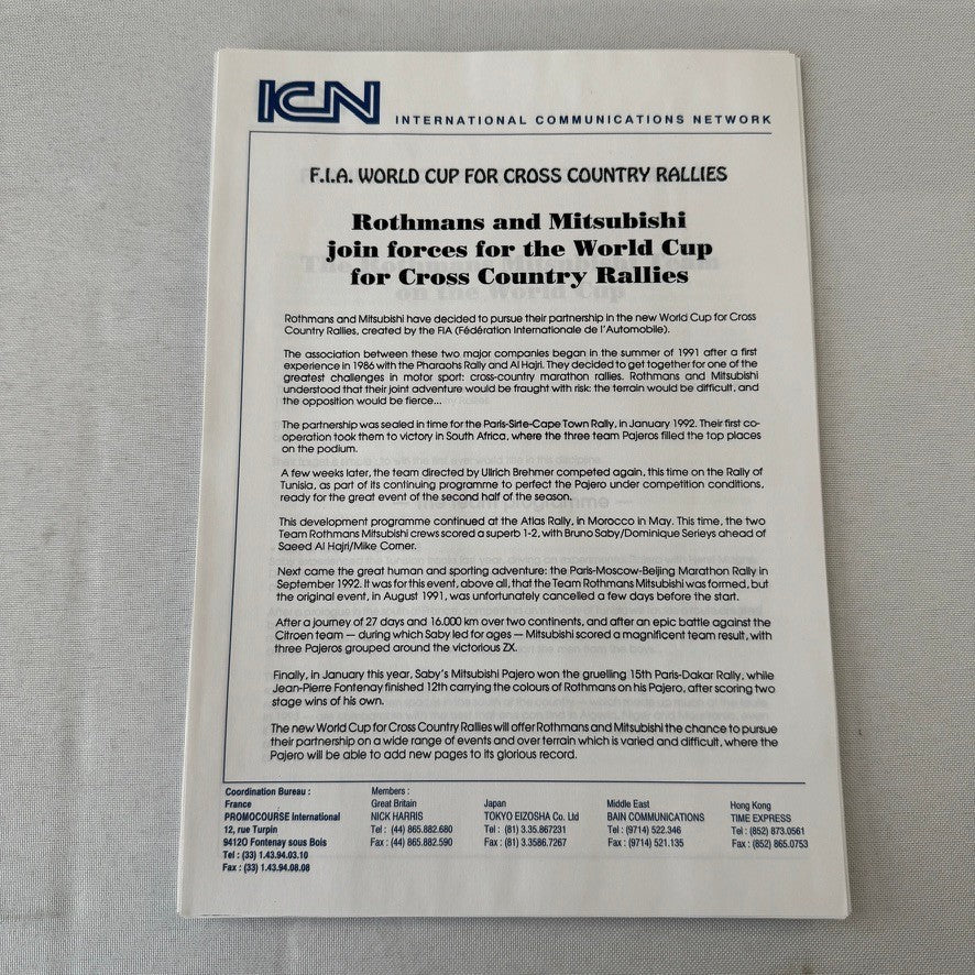 Rothmans Mitsubishi Pajero Rally Rallye Racing Press Kit 1993 FIA Cross Country