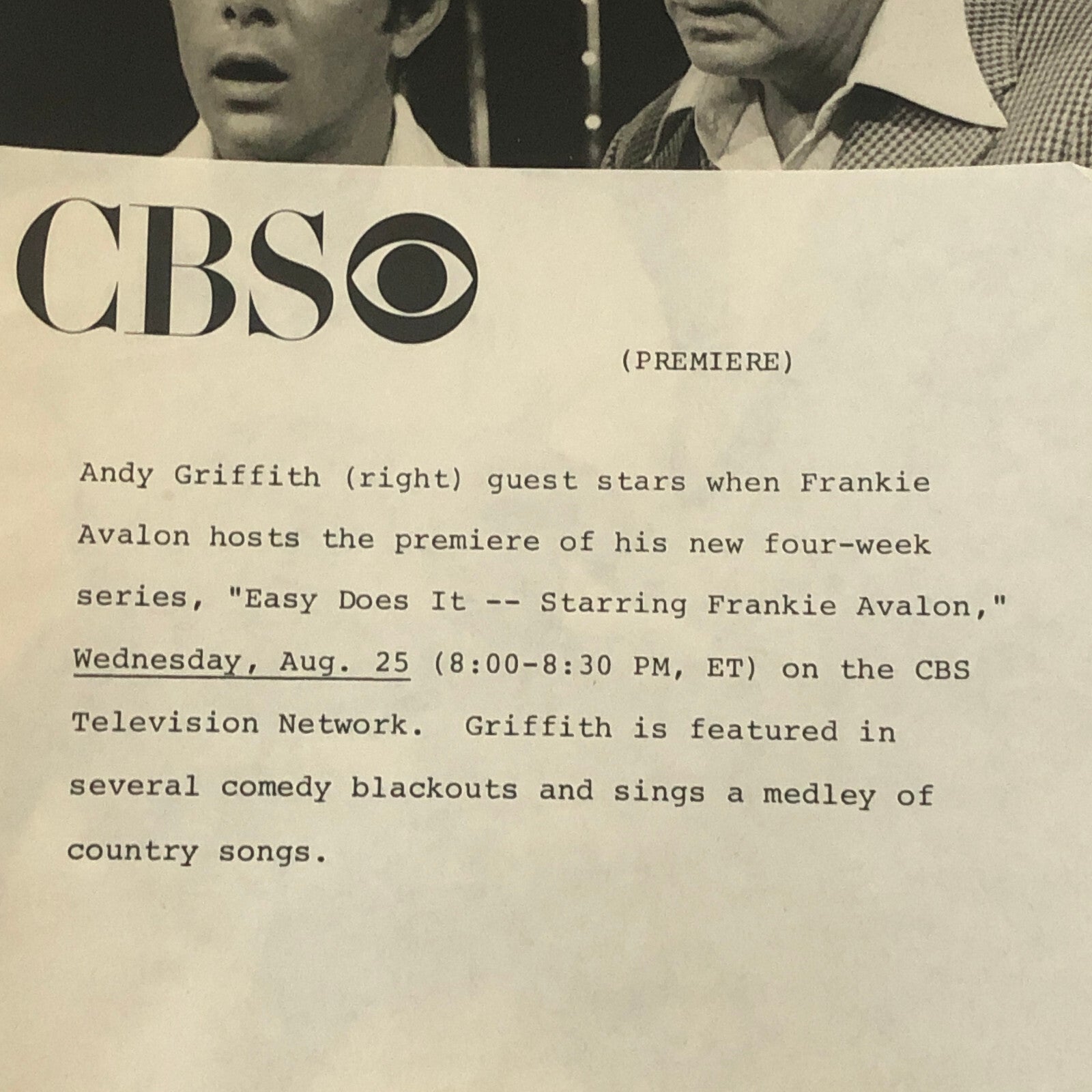 Andy Griffith Frankie Avalon CBS Television Press Photo Photograph Easy Does It