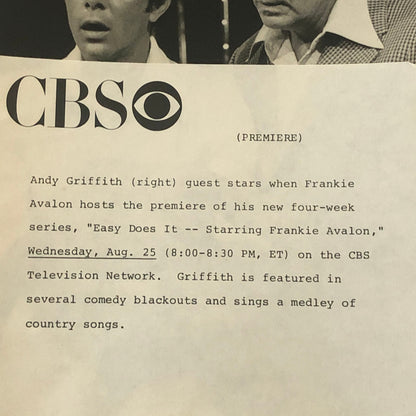 Andy Griffith Frankie Avalon CBS Television Press Photo Photograph Easy Does It
