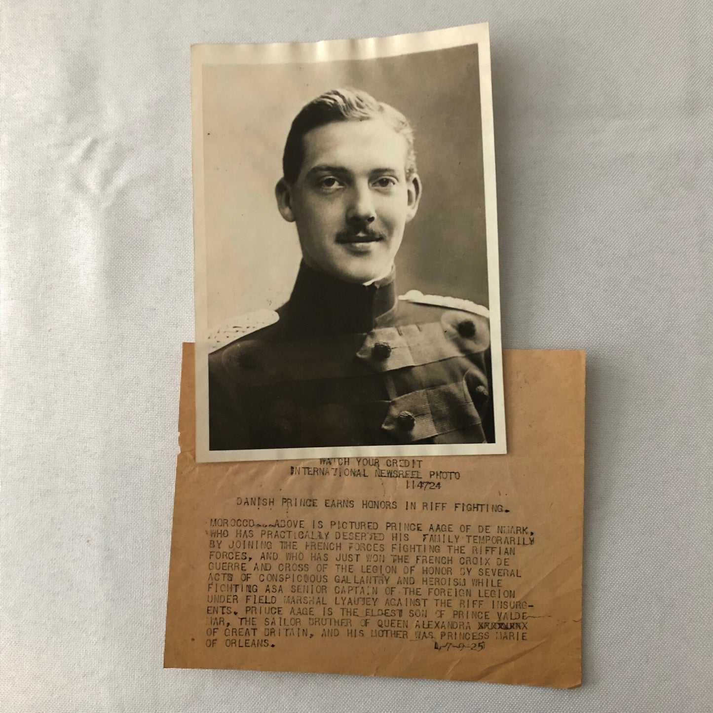 Vintage Press Photo Photograph Prince Aage of Denmark French Military Award 1925