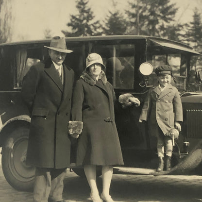 Vintage Photo Photograph Family with Classic Car Automobile Hood Ornament