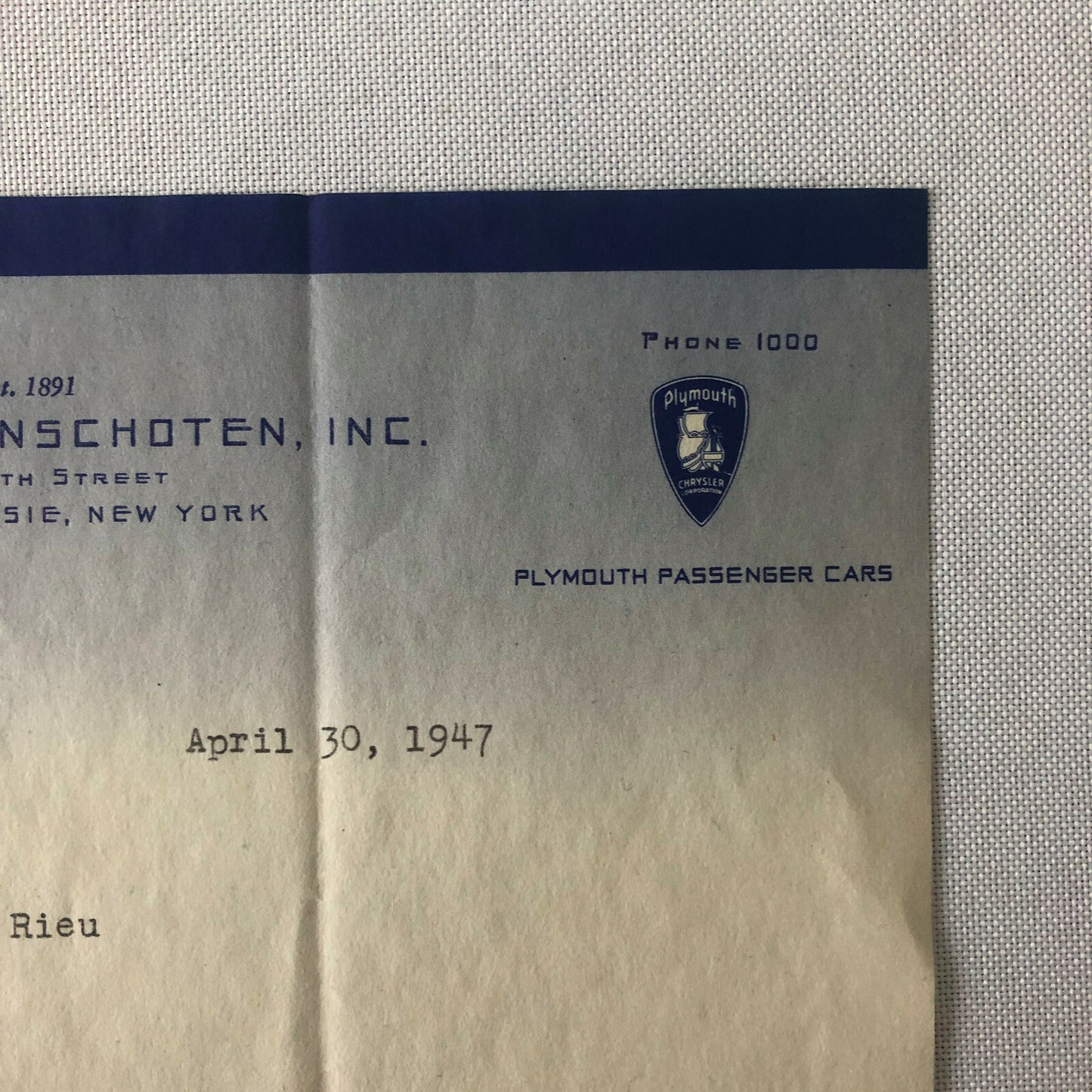 1947 Dodge & Plymouth Car Dealership Letter - Poughkeepsie New York NY Mopar