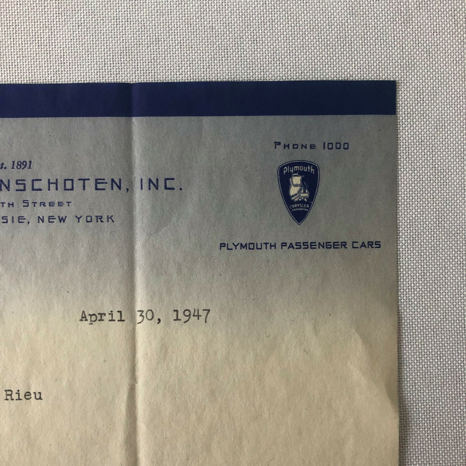 1947 Dodge & Plymouth Car Dealership Letter - Poughkeepsie New York NY Mopar