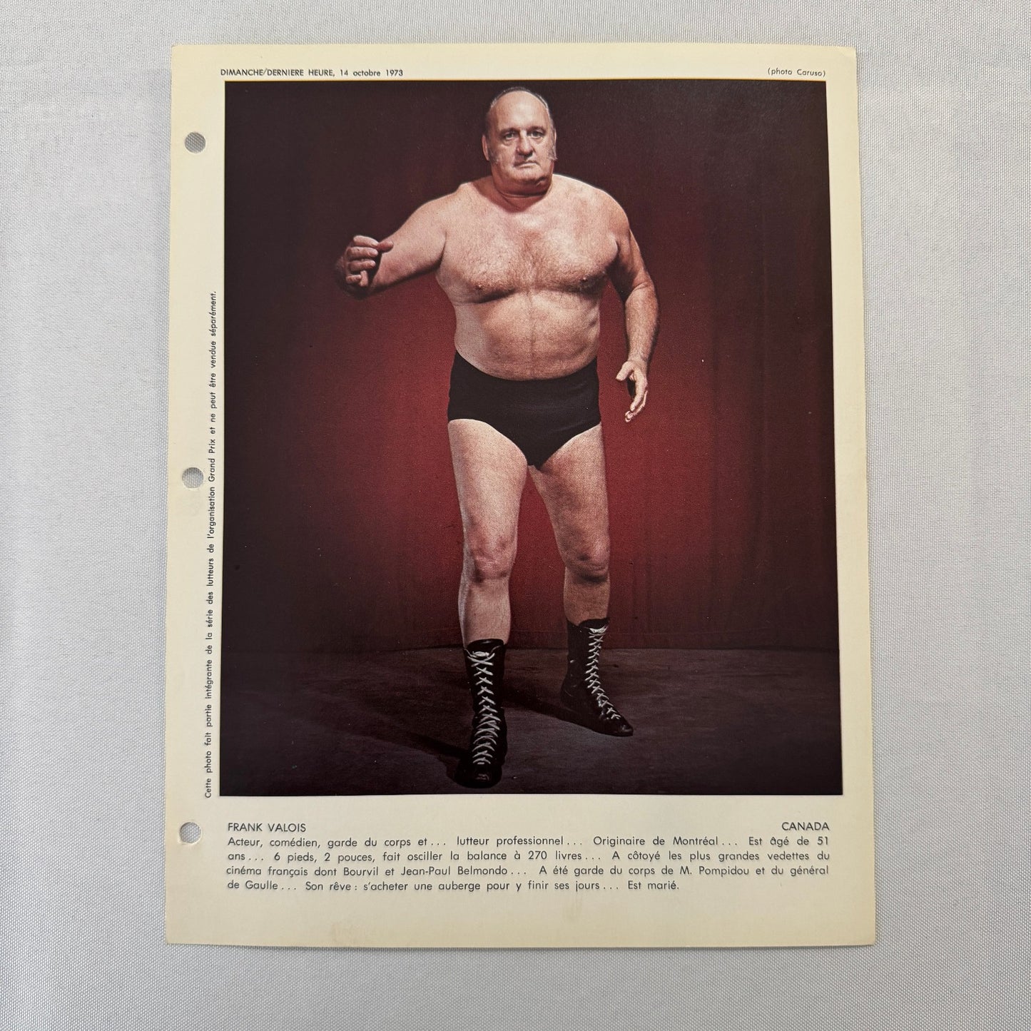 Vintage Wrestling Print Insert Frank Valois Quebec French 1973